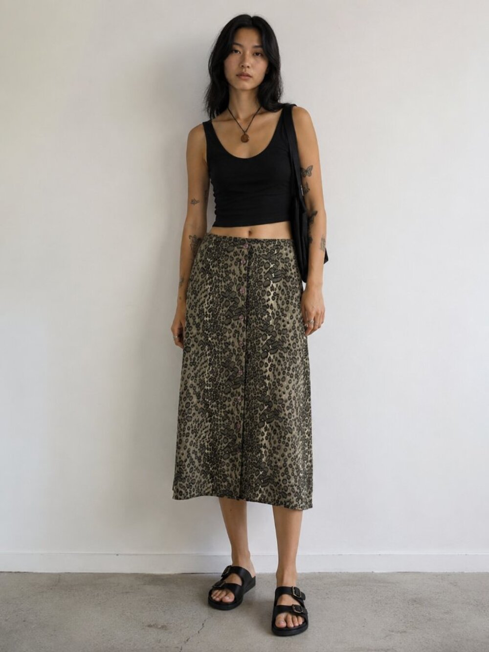 VTG Y2K Olive green Leopard Print Midi Skirt Button Front 90s Indie Chic Grunge